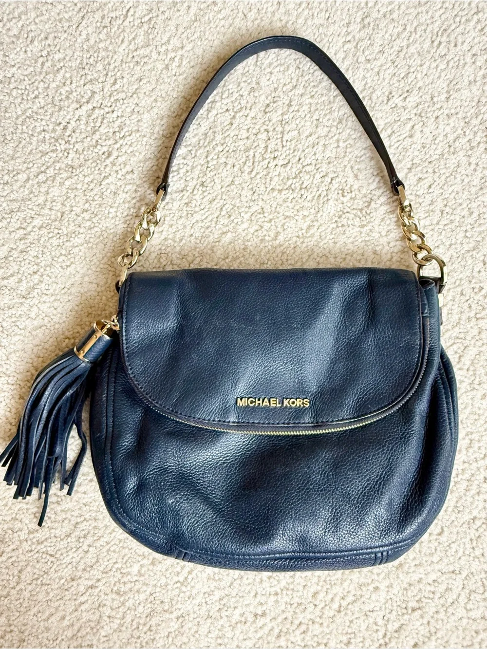 Michael Kors Blue Bedford Tassel Pebbled Leather Shoulder Bag Navy